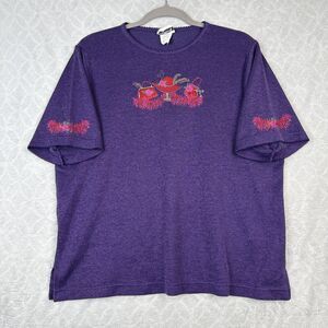 Vtg BonWorth Knit Top Womens L Purple Embroidered Red Hat Society Purse 80s 90s